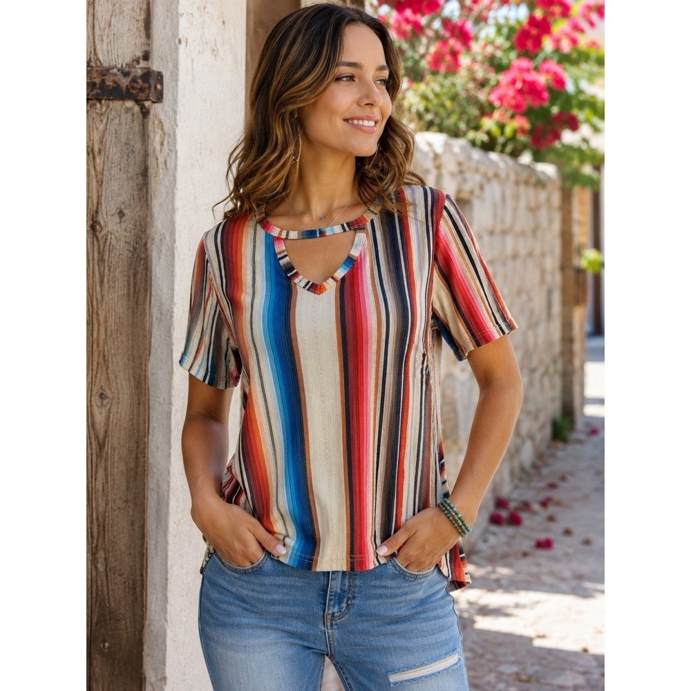 Crazy Train Striped Rib Knit V-Neck Top Multicolor Short Sleeve Size S